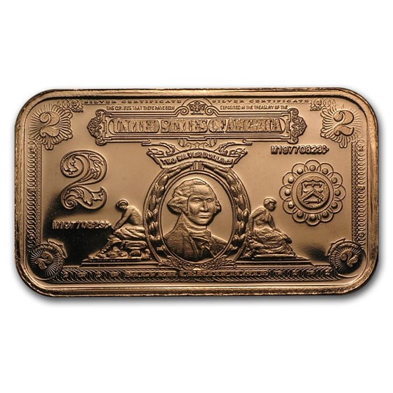 1 oz Copper Bar - $2.00 Washington Silver Certificate Replica 1 oz Copper Bar - $2.00 Washington Silver Certificate Replica